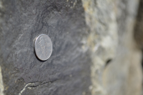 문수사 절벽에 붙어져 있는 동전 모습