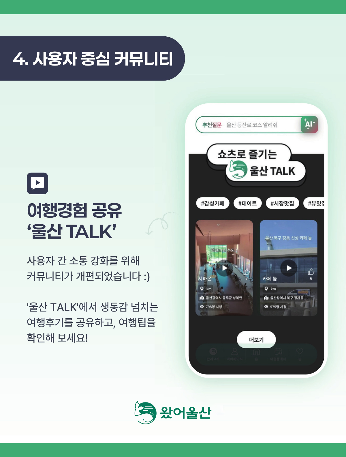 4.사용자 중심 커뮤니티 / 여행경험 공유 '울산 TALK' 사용자 간 소통 강화를 위해 커뮤니티가 개편되었습니다. '울산 TALK'에서 생동감 넘치는 여행후기를 공유하고, 여행팁을 확인해 보세요! 왔어울산로고