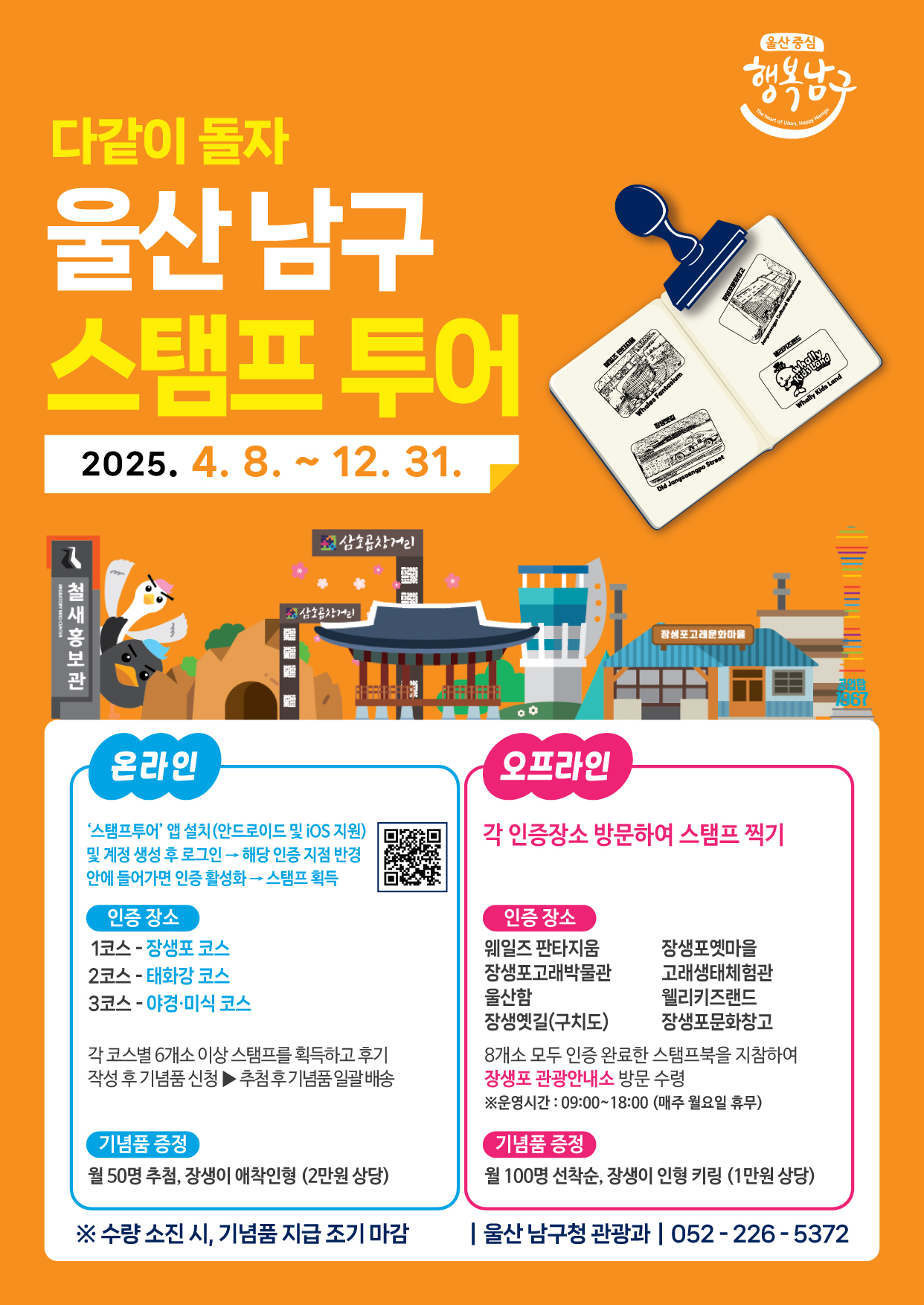 울산중심 행복 남구 다같이 돌자 울산 남구 스탬프 투어 2025.4.8. ~ 12.31.  [온라인] 스탬프투어 앱 설치(안드로이드 및 ios 지원) 및 계정 생성 후 로그인 → 해당 인증 지점 반경안에 들어가면 인증 활성화 → 스탬프 획득  (인증장소) 1코스 - 장생포 코스 2코스 - 태화강 코스 3코스 - 야경ㆍ미식 코스 각 코스별 6개소 이상 스탬프를 획득하고 후기 작성 후 기념품 신청▶추첨후기념품 일괄 배송 (기념품 증정) 월 50명 추첨, 장생이 애착인형(2만원 상당)  [오프라인] 각 인증장소 방문하여 스탬프 찍기 (인증 장소) 웨일즈 판타지움, 장생포옛마을, 장생포고래박물관, 고래생태체험관, 울산함, 웰리키즈랜드, 장생옛길(구치도), 장생포문화창고 8개소 모두 인증 완료한 스탬프북을 지참하여 장생포 관광안내 방문 수령 ※ 운영시간 : 09:00 ~ 18:00(매주 월요일 휴무) (기념품 증정) 월 100명 선착순, 장생이 인형 키링(1만원 상당)  ※ 수량 소진 시, 기념품 지급 조기 마감 울산 남구 관광과 052-226-5372