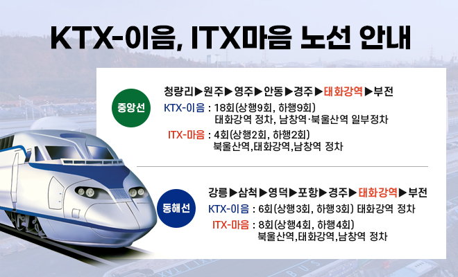 KTX-이음, ITX-마음 노선안내

중앙선
청량리▷원주▷영주▷안동▷경주▷태화강역▷부전
KTX-이음:18회(상행9회, 하행9회) 태화강역 정차, 남창역·북울산역 일부정차
ITX-마음:4회(상행2회, 하행2회) 북울산역,태화강역,남창역 정차

동해선
강릉▷삼척▷영덕▷포항▷경주▷태화강역▷부전
KTX-이음:6회(상행3회, 하행3회) 태화강역 정차
ITX-마음:8회(상행4회, 하행4회) 북울산역,태화강역,남창역 정차